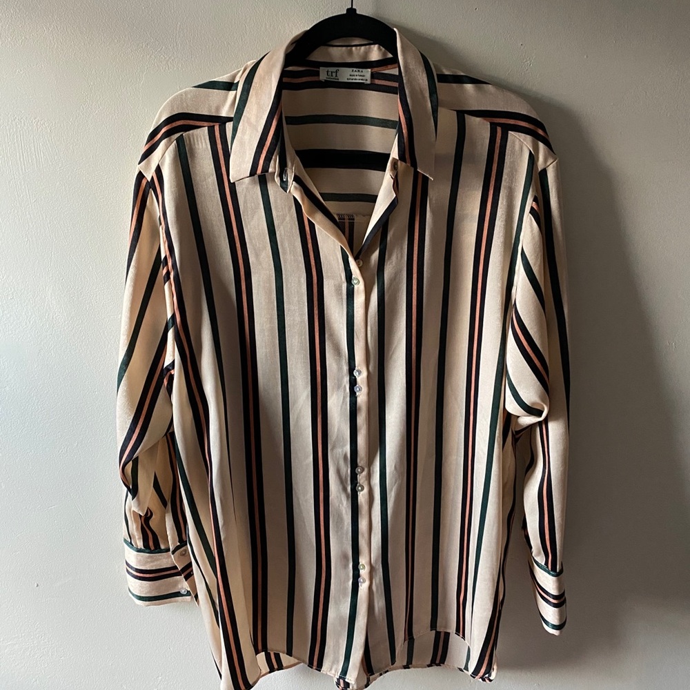 Zara pink striped long sleeve oversized blouse